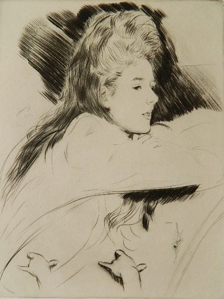 Paul Cesar Helleu drypoint: Paul Cesar Helleu (French 1859-1927)- Mademoiselle L- drypoint, ca. 1895, signed in pencil, a brilliant impression with rich drypoint burr from the edition of only 20 on laid paper, sharp crease in pa