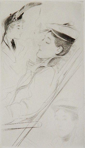Paul Cesar Helleu etching and drypoint: Paul Cesar Helleu (French 1859-1927)- Woman In Deck Chair- etching and drypoint, signed in pencil, very good condition. 13 1/2 x 7 3/4''