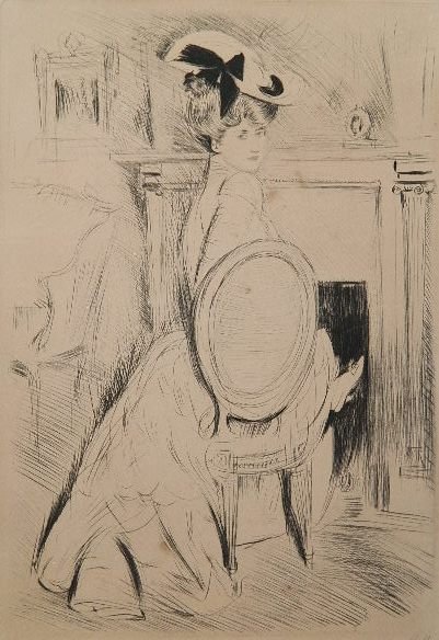 Paul Cesar Helleu drypoint: Paul Cesar Helleu (French 1859-1927)- ''Portrait de Femme Au Chapeau''- drypoint, signed in pencil, a few areas of foxing, paper light struck. 15 3/4 x 10 3/4''