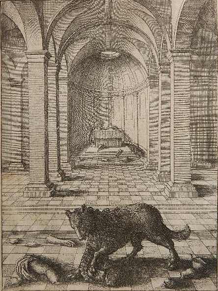 Wenzel Hollar etching: Wenzel Hollar (British 1606-1677)- ''The Wolf and The Statue'' (Pennington 351)- etching, 1666, a test proof printed for the 1668 edition of 'Aesopics', printed in Ireland by John Ogilby, on laid rag 