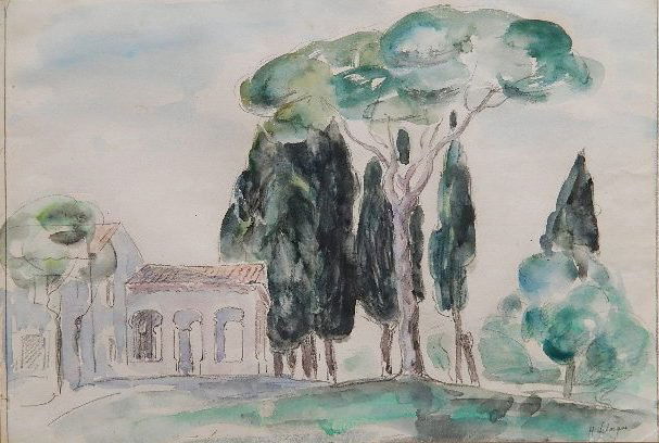 Henri Lebasque watercolor: Henri Lebasque (French 1865-1937)- House in France- watercolor on paper, signed H. Lebasque lower right. 12 x 17''