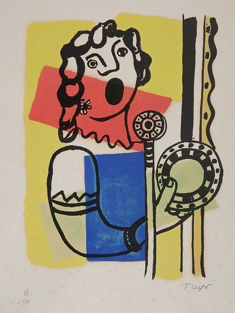 Fernand Leger silkscreen: Fernand Leger (French 1881-1955)- ''La Chanteuse De La Radio''- silkscreen in colors, estate stamped, numbered 82/180 in pencil, published in Album X La Ville, foxing throughout. 16 x 12''