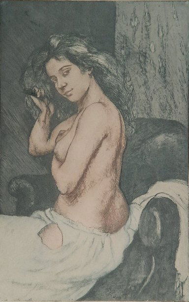 Charles Maurin aquatint: Charles Maurin (French 1850-1914)- ''Femme Demi Neu se Peignant'' (Goldschmidt 4)- aquatint in colors, 1893, signed in pencil. 16 13/16 x 10 9/16''