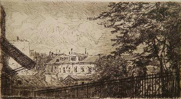 Charles Maurin etching: Charles Maurin (French 1856-1914)- Montmartre: Rooftops and Railings- etching, signed in pencil, touched with crayon to even the plate. 4 1/4 x 7 3/4''