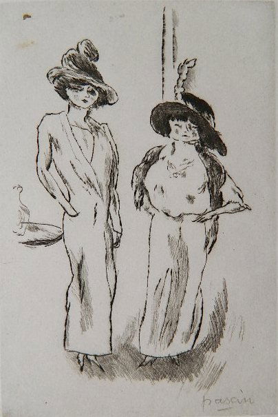 Jules Pascin etching: Jules Pascin (French 1885-1930)- ''Deux Femmes Au Bal'' (Hemin 41)- etching, 1910, signed in pencil. 4 7/8 x 3 1/4''