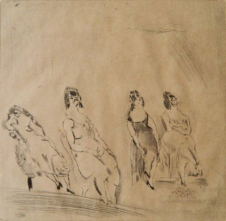 Jules Pascin drypoint: Jules Pascin (French 1885-1930)- ''Une, Deux, Trois, Quartre Dames'' (Hemin 118)- drypoint, 1924, signed and numbered 1/100 in pencil. 7 x 7 1/4''