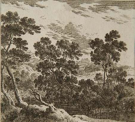 Gabriel Perelle etching: Gabriel Perelle (French 1603-1677)- Landscape- etching on laid paper, trimmed to platemark and laid down. 4 1/4 x 4 11/16''
