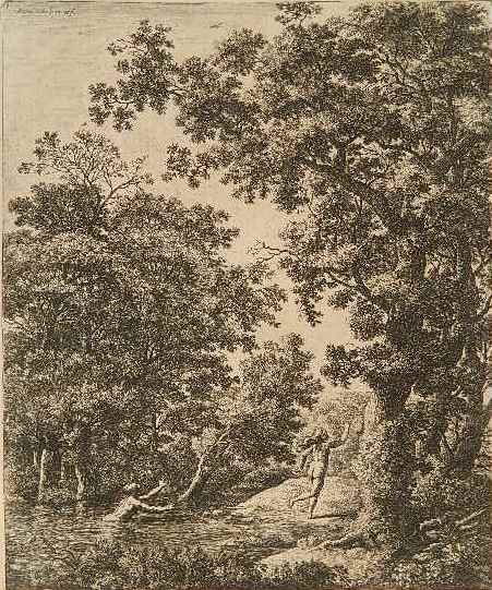 Anthonie Waterloo etching: Anthonie Waterloo (Flemish 1609-1690)- Landscape with Alpheus and Arethusa (Bartsch 125)- etching, age toned, some minor foxing. 11 3/8 x 9 1/2''