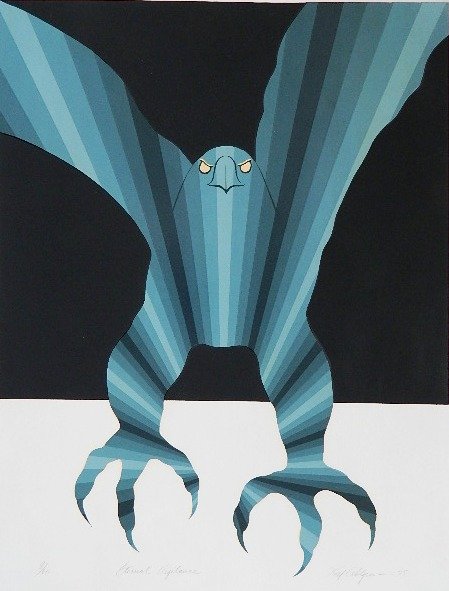 Roy Ahlgren serigraph: Roy Ahlgren (American 1927-2001)- ''Eternal Vigilance''- serigraph in colors, 1975, signed, dated, titled and numbered 8/60 in pencil, faintly light struck, taped to bottom mat, few spots along corner