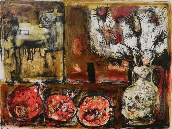 Raymond Guerrier lithograph: Raymond Guerrier (French 1920-2002)- Fruit and Flowers- lithograph in colors, signed and annotated 'E.A.' in pencil. 16 1/2 x 21 1/2''