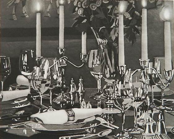 Julia Jacquette aquatint: Julia Jacquette (American 1964-)- ''Dining Room with Horse Painting''- aquatint, 2008, signed, dated and numbered in pencil, edition of 250, The Print Club of Cleveland publication no. 88, stamp of Pr