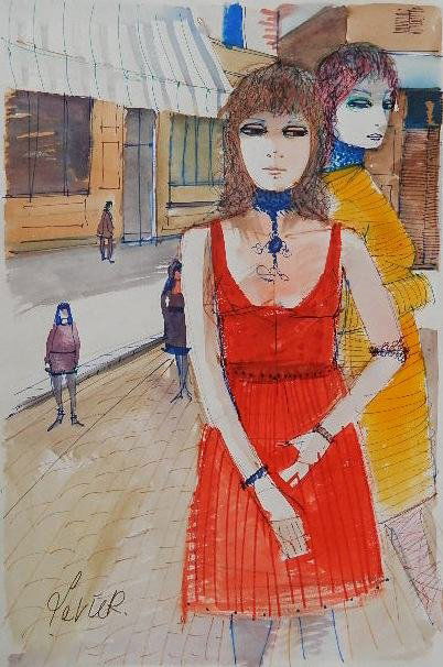 Charles Levier watercolor and pen and ink: Charles Levier (French 1920-2004)- Two women- watercolor and pen and ink on paper, ca. 1970, signed Levier lower left, some creases along edges. 24 x 15 1/2''