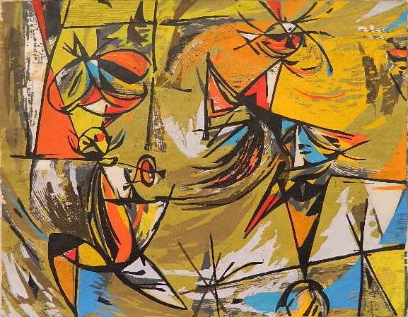 Seong Moy silkscreen in colors: Seong Moy (American 1921- )- ''Two Circus Acts in One''- silkscreen in colors, 1953, signed, dated, titled and numbered 96/200 in pencil. 14 x 18''