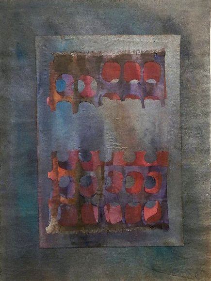 Jane Berger collage: Jane Berger (American 20th c.)- ''Spatial Composition III''- resist dyed hand-painted collage, 1983, singed Jane Berger 1983 lower right, very good condition. 30 x 22 1/2''