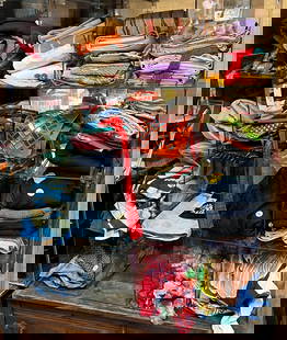 Japanese (mostly) textiles: including 10 obi's along with kimonos jackets, sashes and misc fabrics, various sizes and conditions.