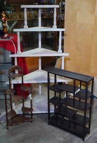 Corner and 2 table top what-not shelfs