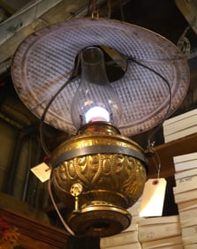 victorian hanging oil lamp with tin shade