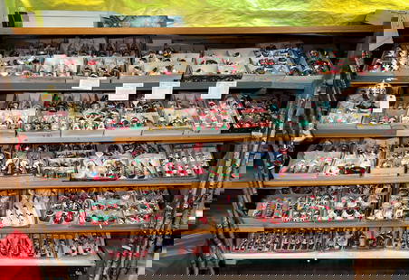 Lot of Christmas ornaments: mostly Santas.