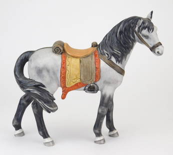 Goebel bisque figurine- Horse: Rare 1980 Goebel Hummel Horse # 46 013 24, with Incised signature script of Gerhard Skrobek on saddle blanket. Trae Mark on underside. ( 1/4 x 10 x 3"