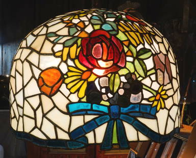 Leaded stain glass shade: roses with blue bow, signed.&nbsp; 18&quot; dia