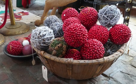 Basket and bowl filled with large ornaments