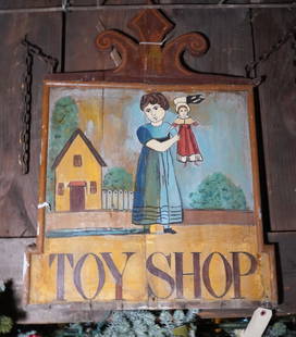 Vintage painted sign: Toy Shop- double sided (sides are not identical).&nbsp; &nbsp;29 x 21 1/2&quot;