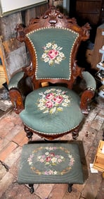 Victorian needlepoint chair and foot stool