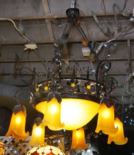 Daum Nancy frosted glass chandelier: &nbsp;6 arms with shades, etched amber glass, signed.&nbsp;&nbsp;