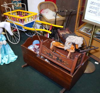 Toys: push cart painted,&nbsp; 30 x 21 x 48&quot;;&nbsp; wicker baby carriage, 2 bassinets; rocking chair horse; push toy and 2 Raggedy Andy.&nbsp; &nbsp; AS IS