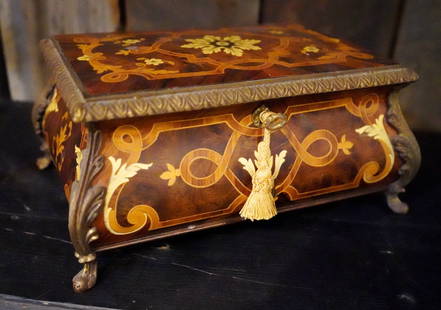 Reuge Swiss music box: in-laid case with bronze mounts, plays Liszt-&nbsp;Hungarian Rhapsody- 3 Parts.&nbsp; 4 1/2 x 9 3/4 x 6 1/2&quot;