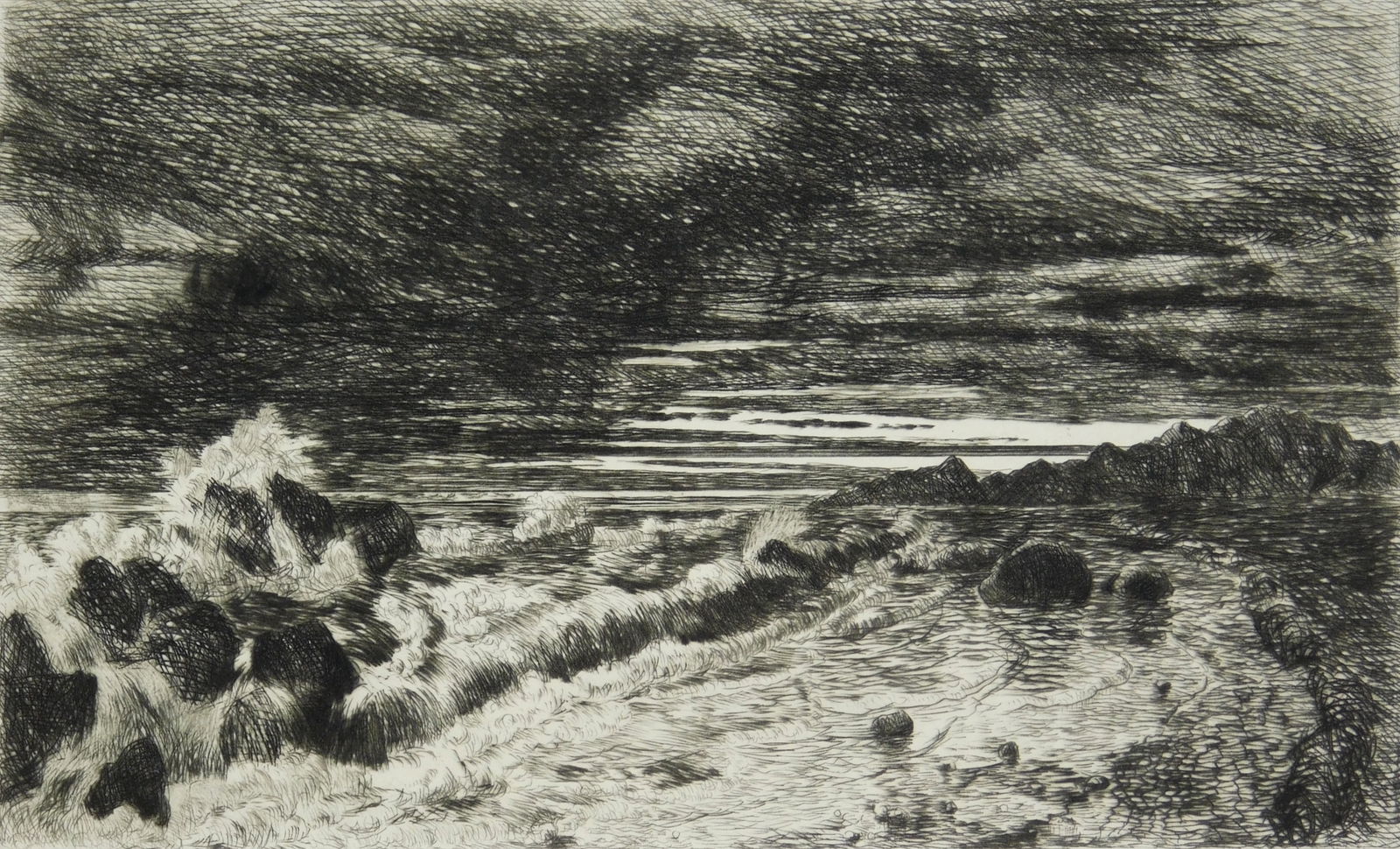 John Wright Oakes (British, 1820-1887) etching: The Last Gleam of Day etching. 4-3/8 x 7-1/4"