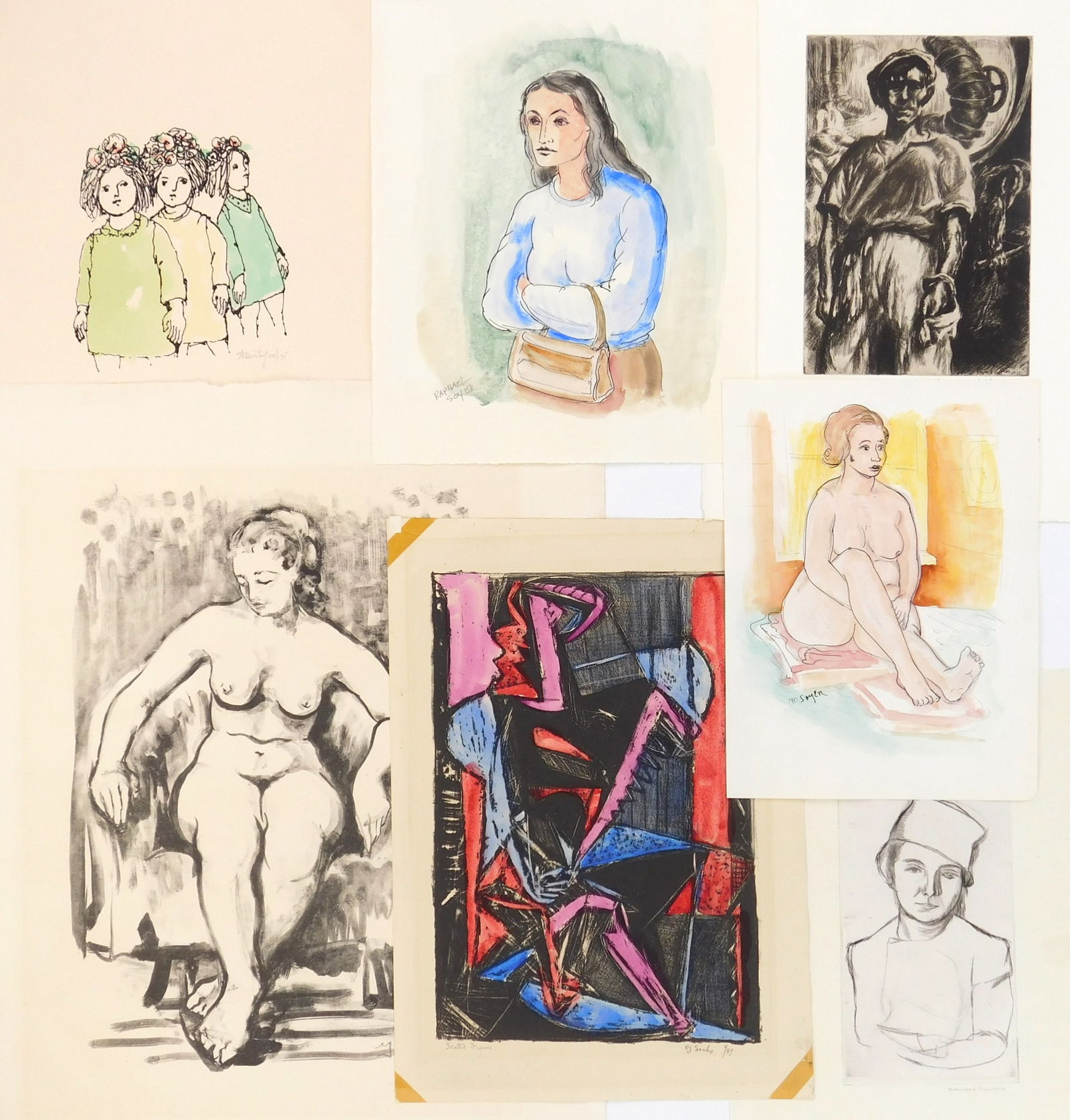 7 prints: 1.) Irwin Hoffman, "The Stoker", etching, signed in pencil 2.) Bernard Saunders, "Woman With Hat", etching, signed in pencil 3.) Unknown, female nude