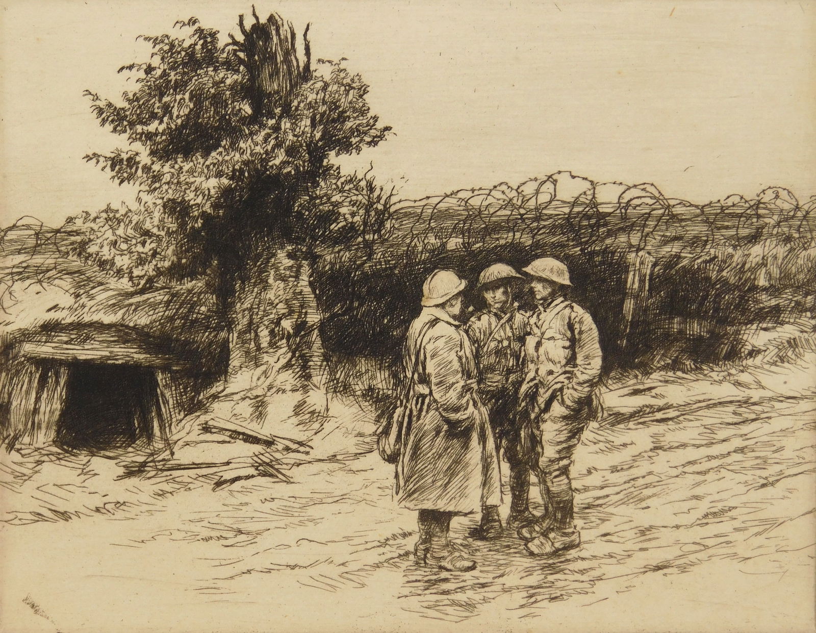 Kerr Eby (American, 1890-1946) etching: Word by the Way etching, 1919, signed in pencil. 4 5 3/8 x 7" Literature: Giardina 34 Provenance: Private collection- New Orleans, LA