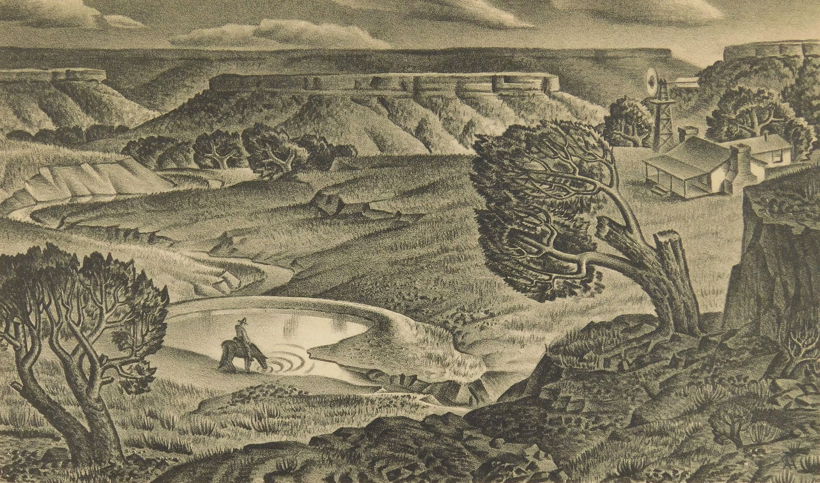 Alexandre Hogue (American, 1898-1994) lithograph: Cap Rock Ranch lithograph, 1945, signed and titled in pencil, AAA edition of 250.. 7 x 11 13/16" Provenance: Private collection- Plymouth, NH