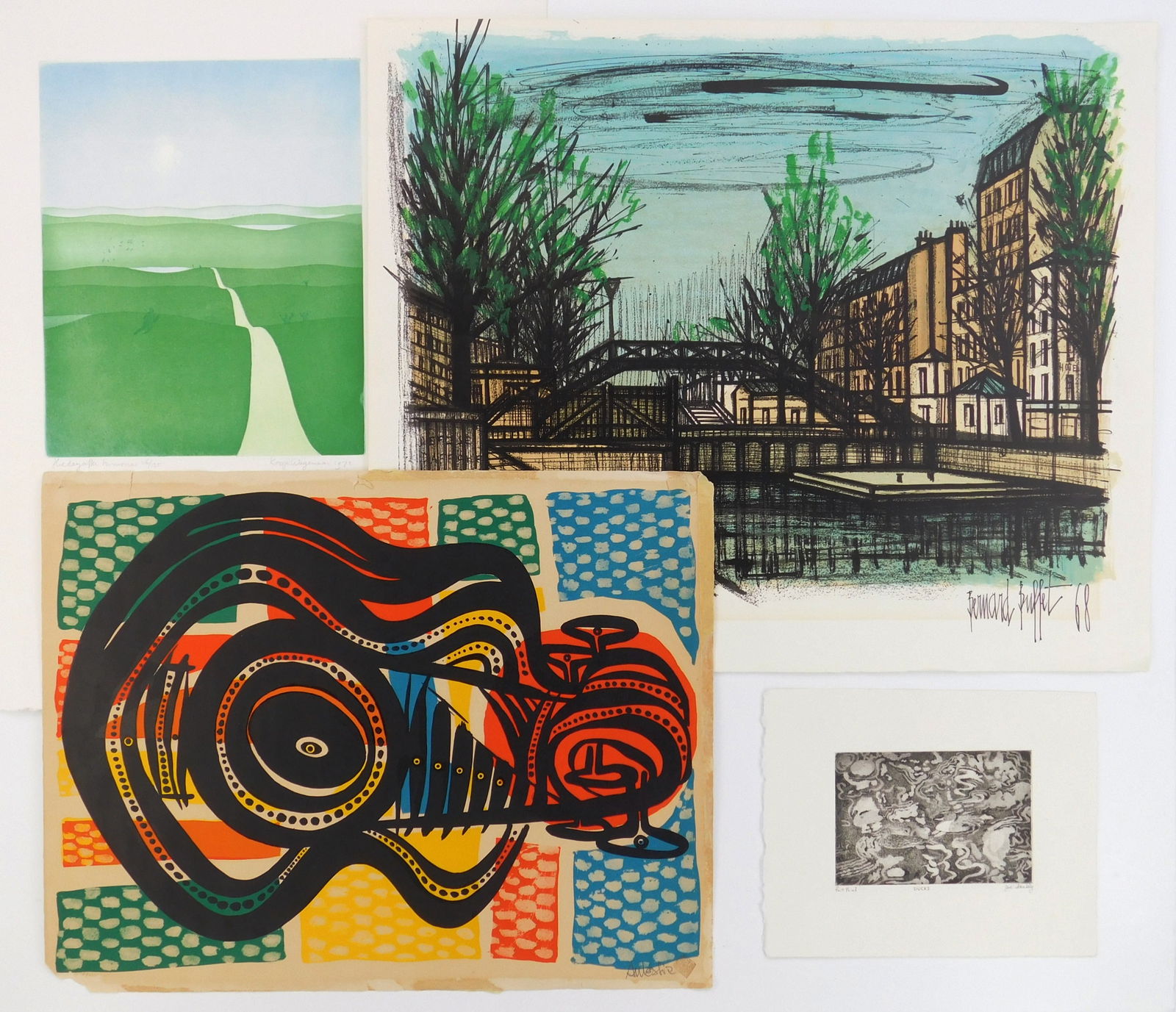 4 Contemporary prints: 1). Salvador Aulestia (Spanish 1915-1994)- Guitar- lithograph in colors, signed in pencil, poor condition 2). Bernard Buffet (French, 1928-1999)- Canal St. Martin