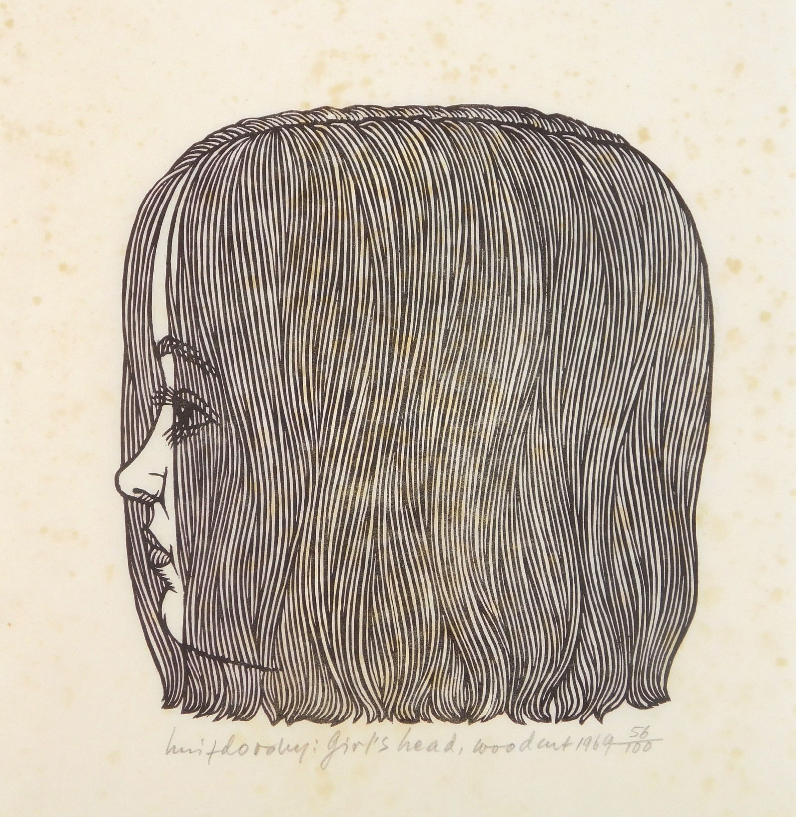 Jacques Hnizdovsky (American, 1915-1985): Girl's Head woodcut, 1969, signed, titled and numbered 56/100. 8 x 7 5/8" Literature: Tahir 90 Provenance: Private collection Elizabethtown, KY