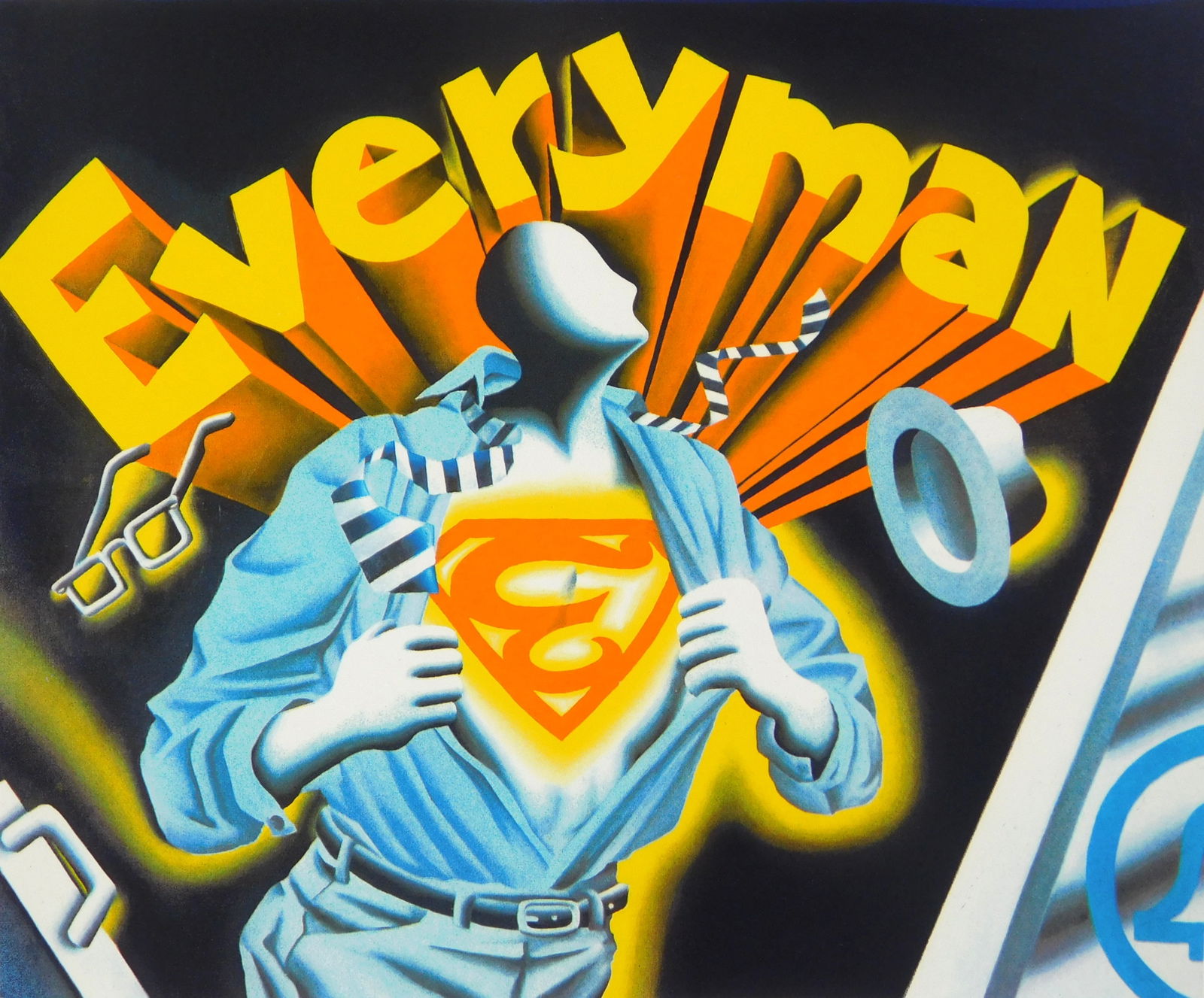 Mark Kostabi (American, 1960- ) lithograph: Everyman off-set lithograph in colors, 1991, signed, dated and numbered 93/99 in pencil, matted. 7 1/2 x 9 1/8" Provenance: Private collection- Farrell, P