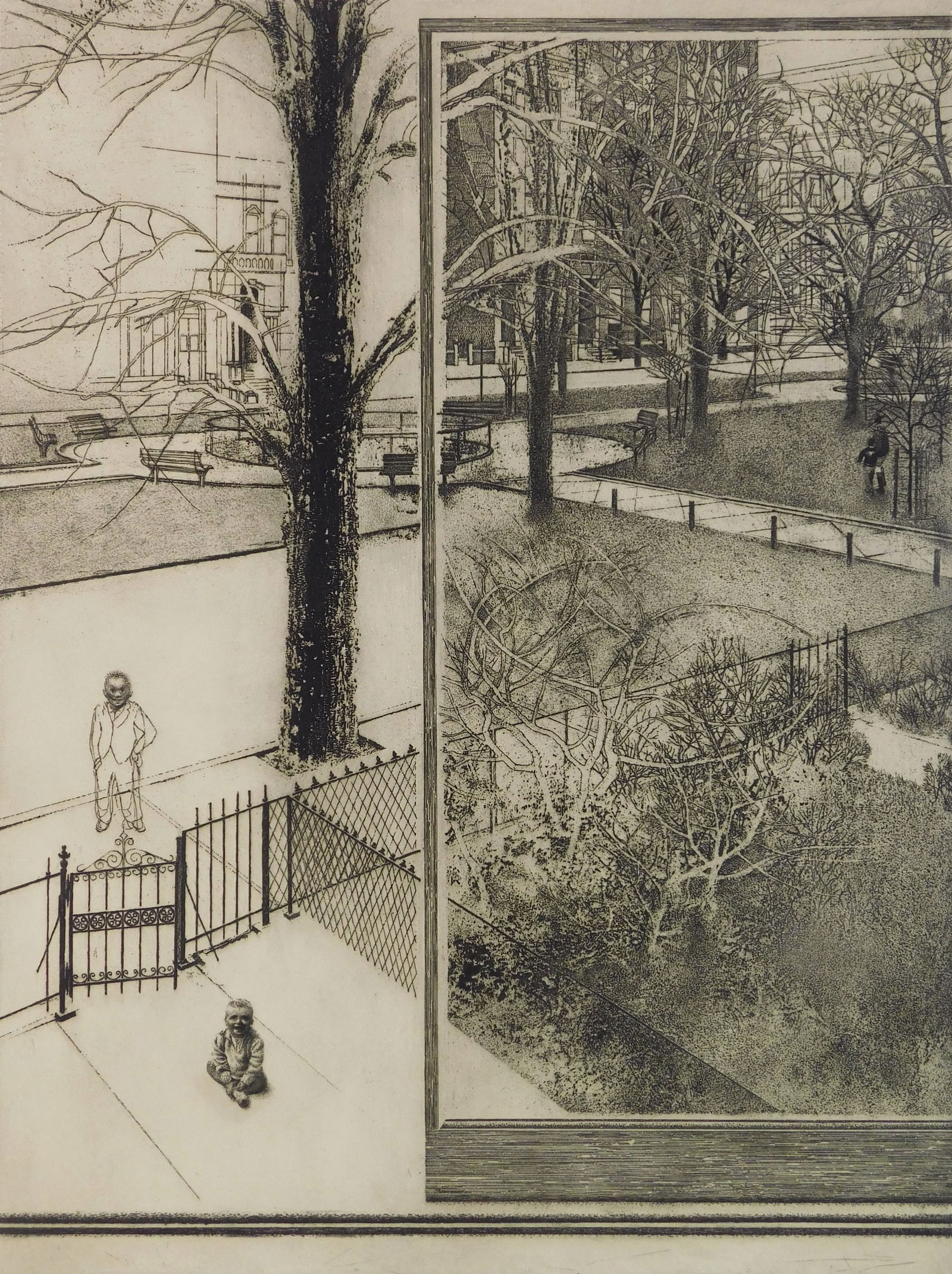 Peter Milton (American, 1930- ) etching: Street Scene etching, 1965, signed, dated, titled and numbered 15/50 in pencil. 24 x 18" Literature: Milton 43 Provenance: Private collection- New Orleans, LA
