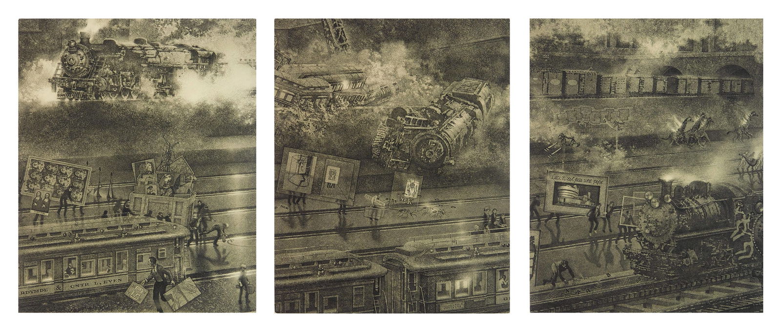 Peter Milton (American, 1930- ) etchings: Little Millenium Suite I-III (Lieven; Pas Une Pipe & Y2K) 3 etchings, 1998, all signed, titled, dated and numbered 10/90 in pencil, 9 1/2 x 7 1/2'' ea. Provenance: Private collection