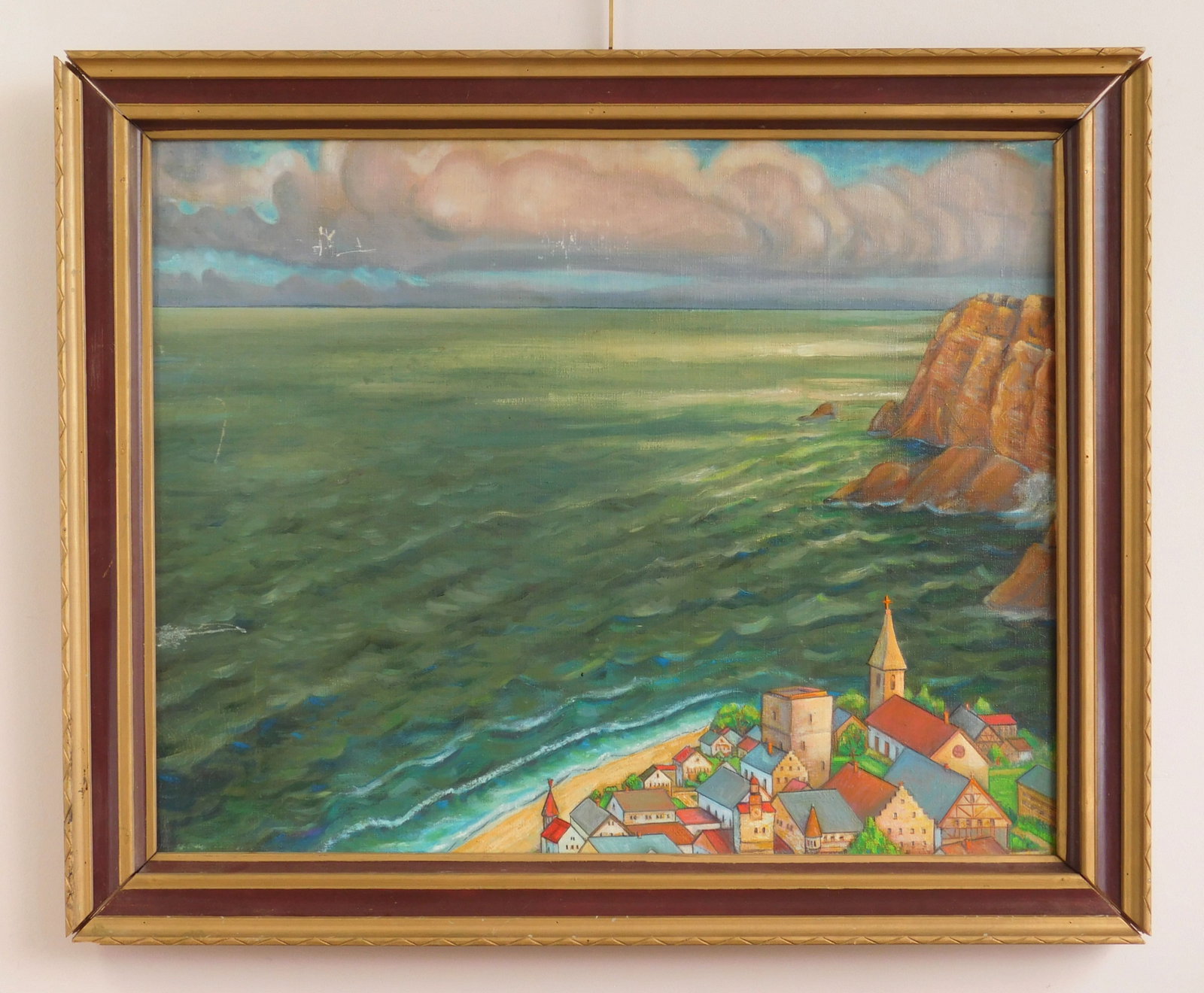 William S. Gisch (American, 1906-1989) oil: Coastal Town Scene oil on canvas board. 25 x 32 1/4" Provenance: Private collection - Rocky river, OH Estate of the artist