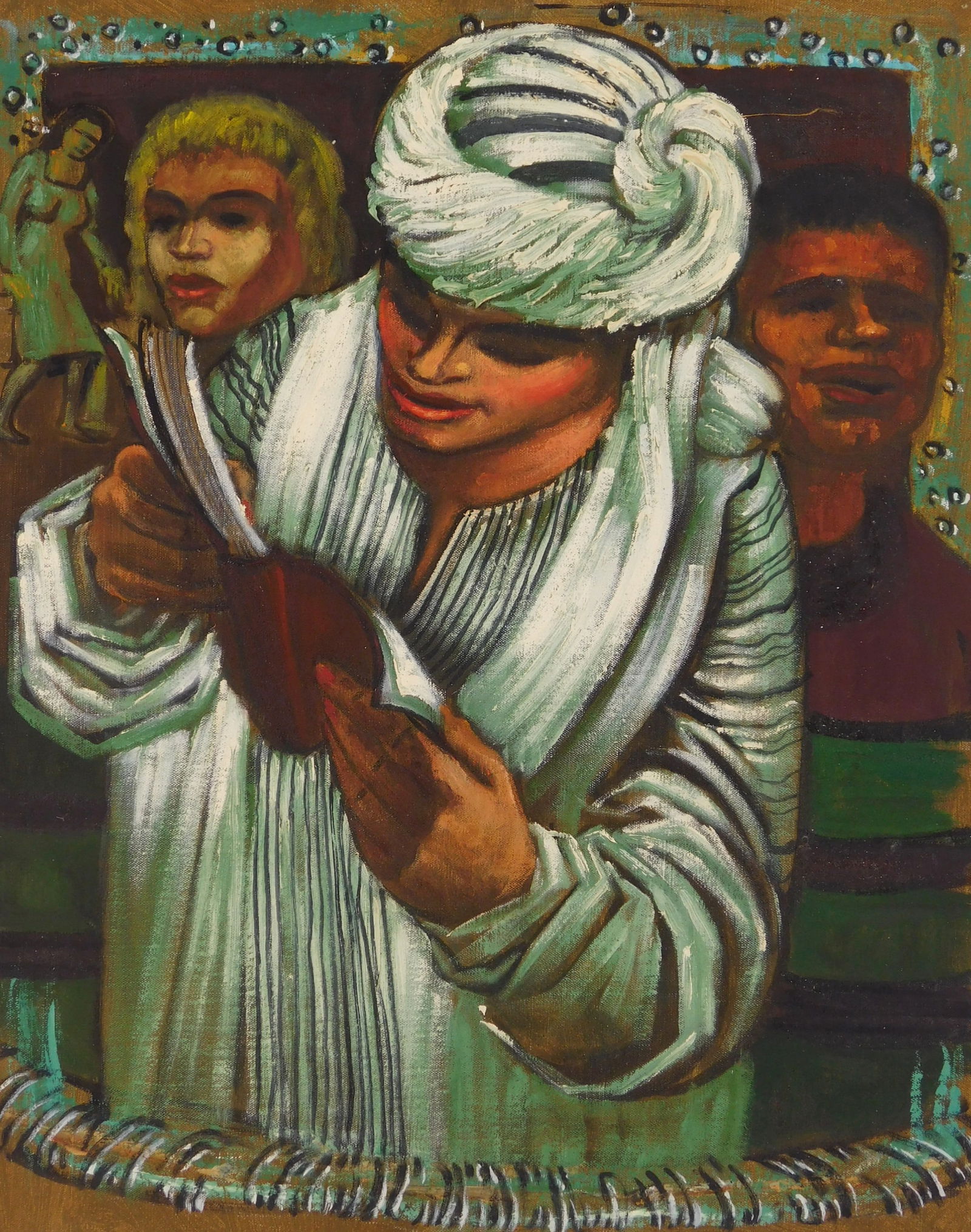 Albert Pels (American 1910-1998) oil: Arab Costume oil on canvas (unstretched), signed Pels lower right. 19 x 15 1/2" Provenance: Private collection- New York, NY By descent estate of the artist.