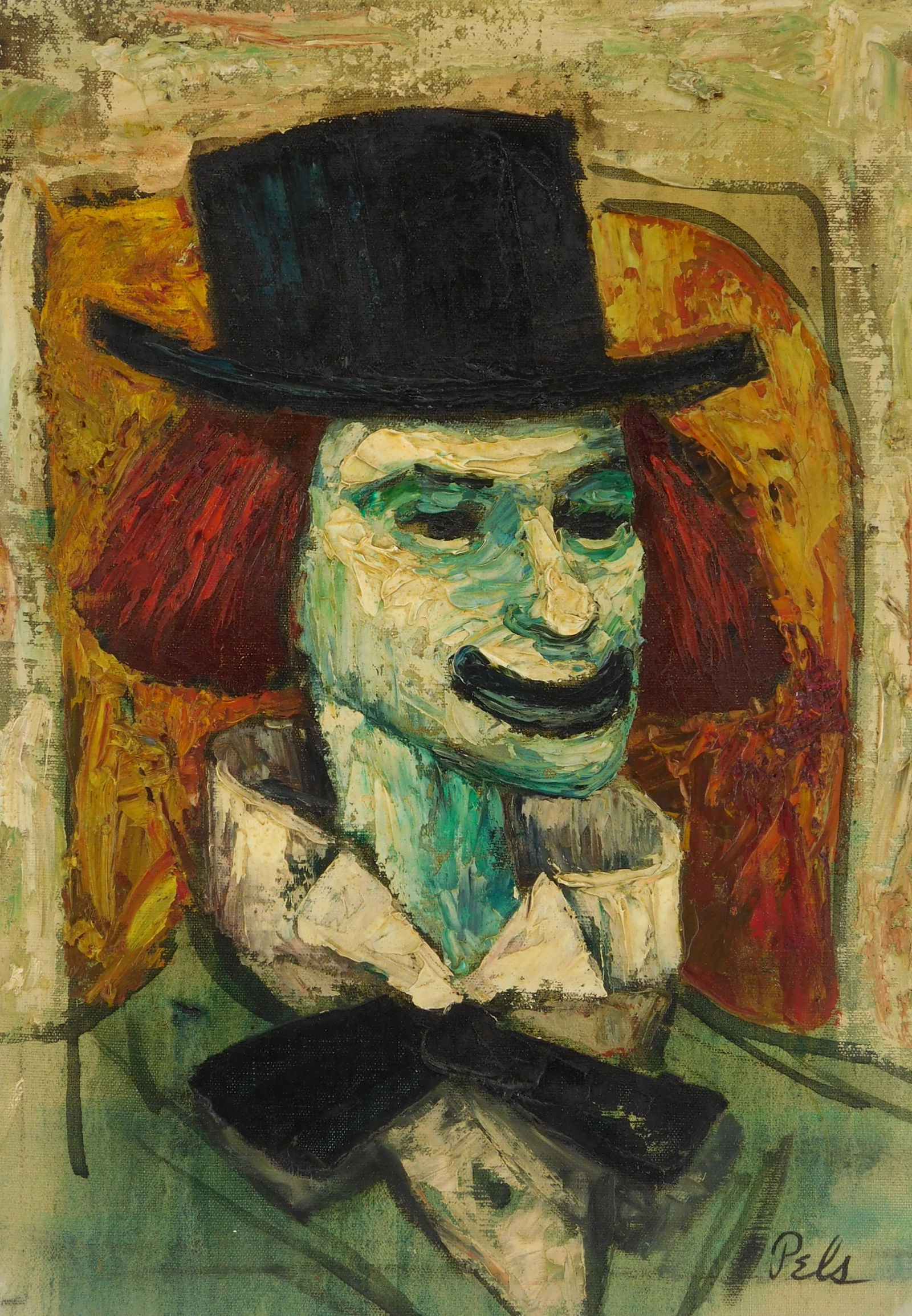 Albert Pels (American 1910-1998) oil: Portrait of Man in Top Hat oil on canvas, signed Pels lower right, 14 x 10" Provenance: Private collection- New York, NY By descent estate of the artist.