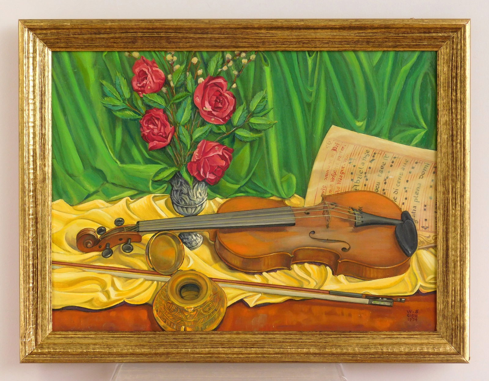 William S. Gisch (American, 1906-1989) oil: Violin & Roses oil on Masonite, 1974, signed W. S. Gish 1974 lower right. 20 x 27 1/4" Provenance: Private collection- Rocky River, OH Estate of the artist