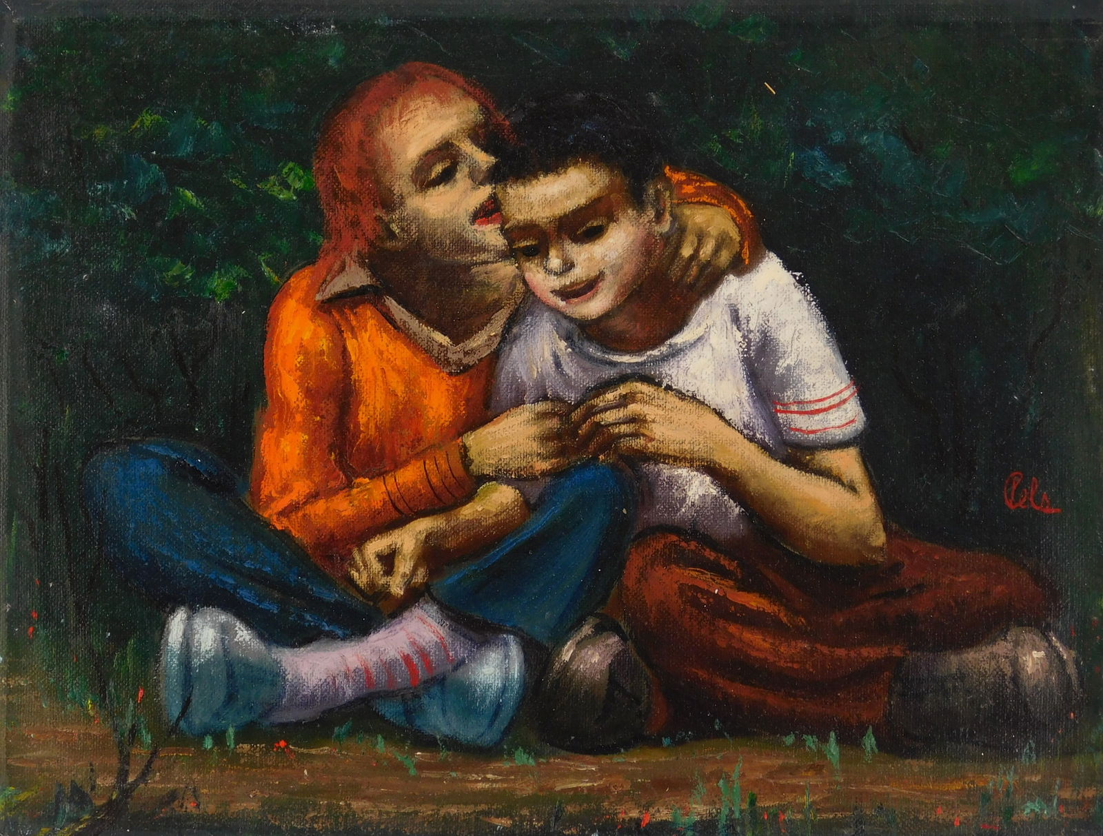 Albert Pels (American 1910-1998) oil: Secrets- Brother and Sister oil on canvas (unstretched), signed Pels lower right, 12 x 16" Provenance: Private collection- New York, NY By descent estate of the artist.