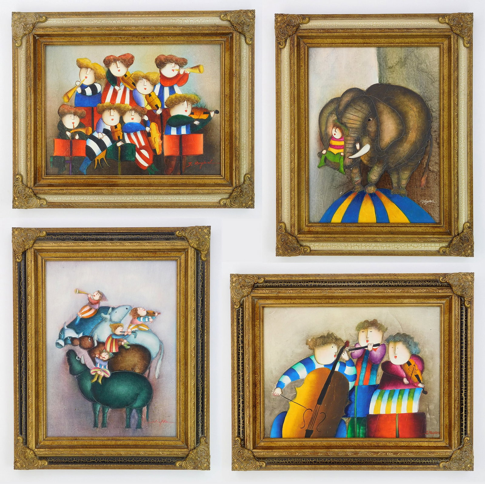 4 Joyce Roybal (Italian, 1955- )oils: Circus Elephant with Performer & Musicians (3) 4 oils on canvas, all signed J. Roybal lower right, framed. 16 x 12" ea. Provenance: Private collection- Elizabethtow