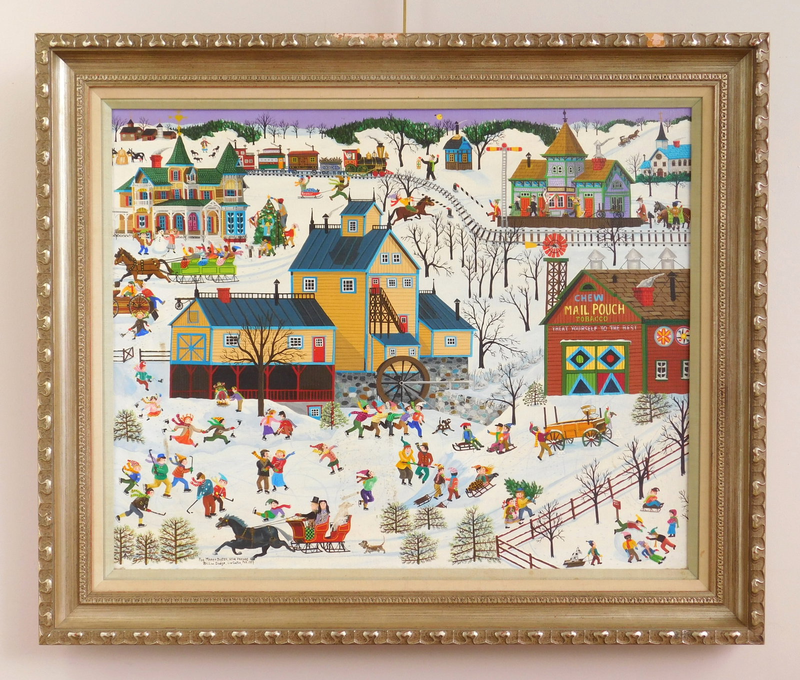 Bill Dodge (American, 1934- ) oil: Village in Winter oil on canvas, 1977, signed and inscribed For Mary & Dieter, New Friends/ Bill W. Dodge, Los Gatos, Feb. 1977 lower left, framed. 24 x 30" Provenance: Privat