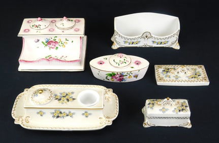 3 Porcelain inkwells, letter holder