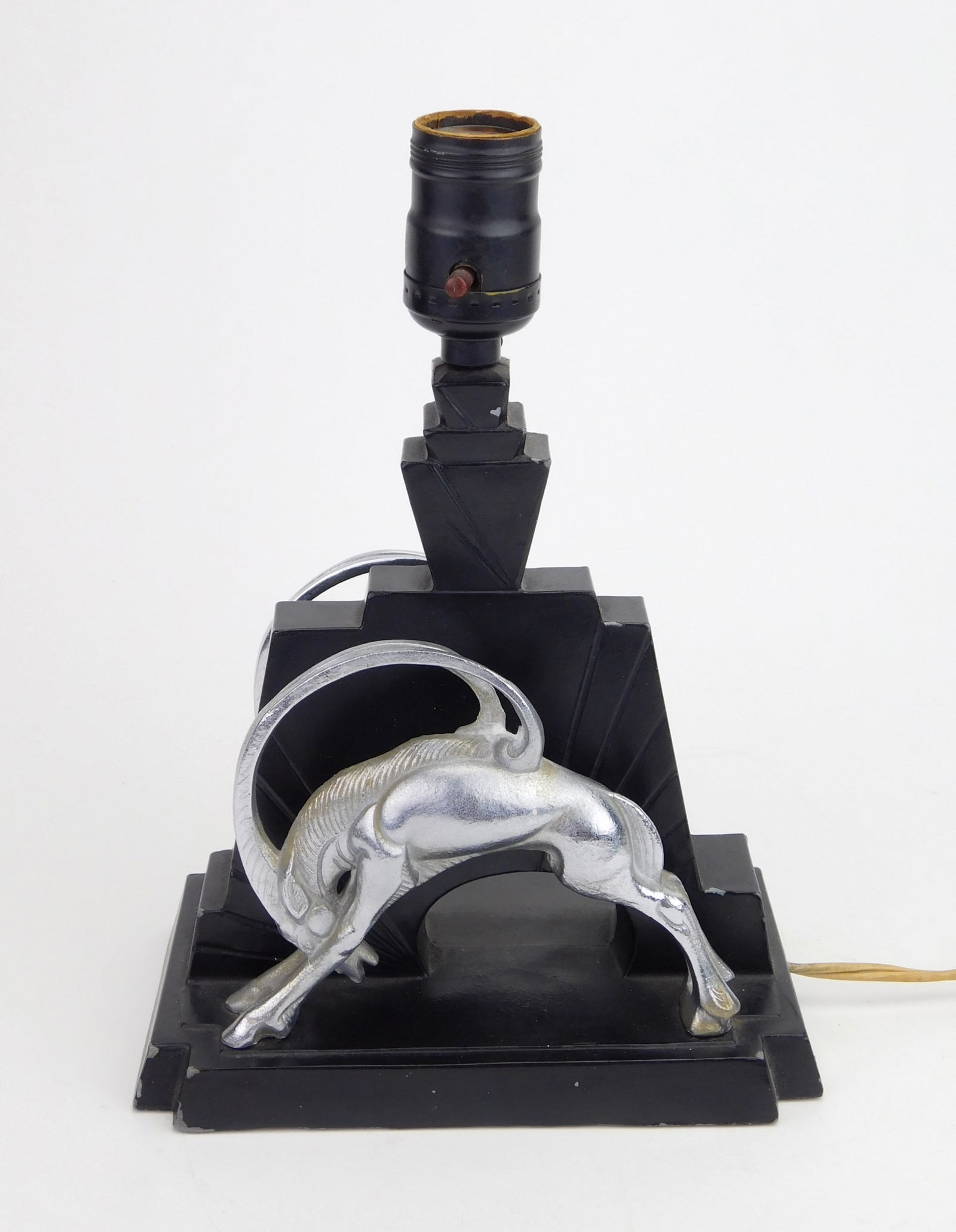 Frankart table lamp,: ca. 1920-30's, double chrome gazelles on skyscraper base, Model #L283, with original retail sticker by 'Lander Boulay jewelers, Woonsocket, RI'', base marked Frankart Inc. and Patent A