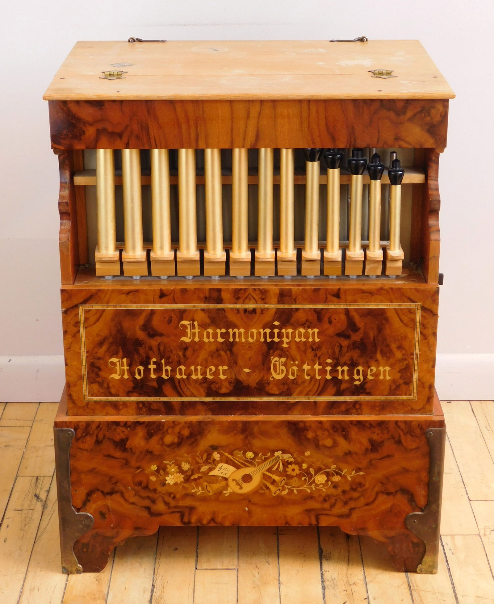 Hofbauer Harmonipan Gottingen German Barrel Organ: with intarsia, wood, metal, brass, leather, paper; Casting, woodworks, lathing, carving. 26 x 20 x 14" Provenance: Private collection- Dalton, OH