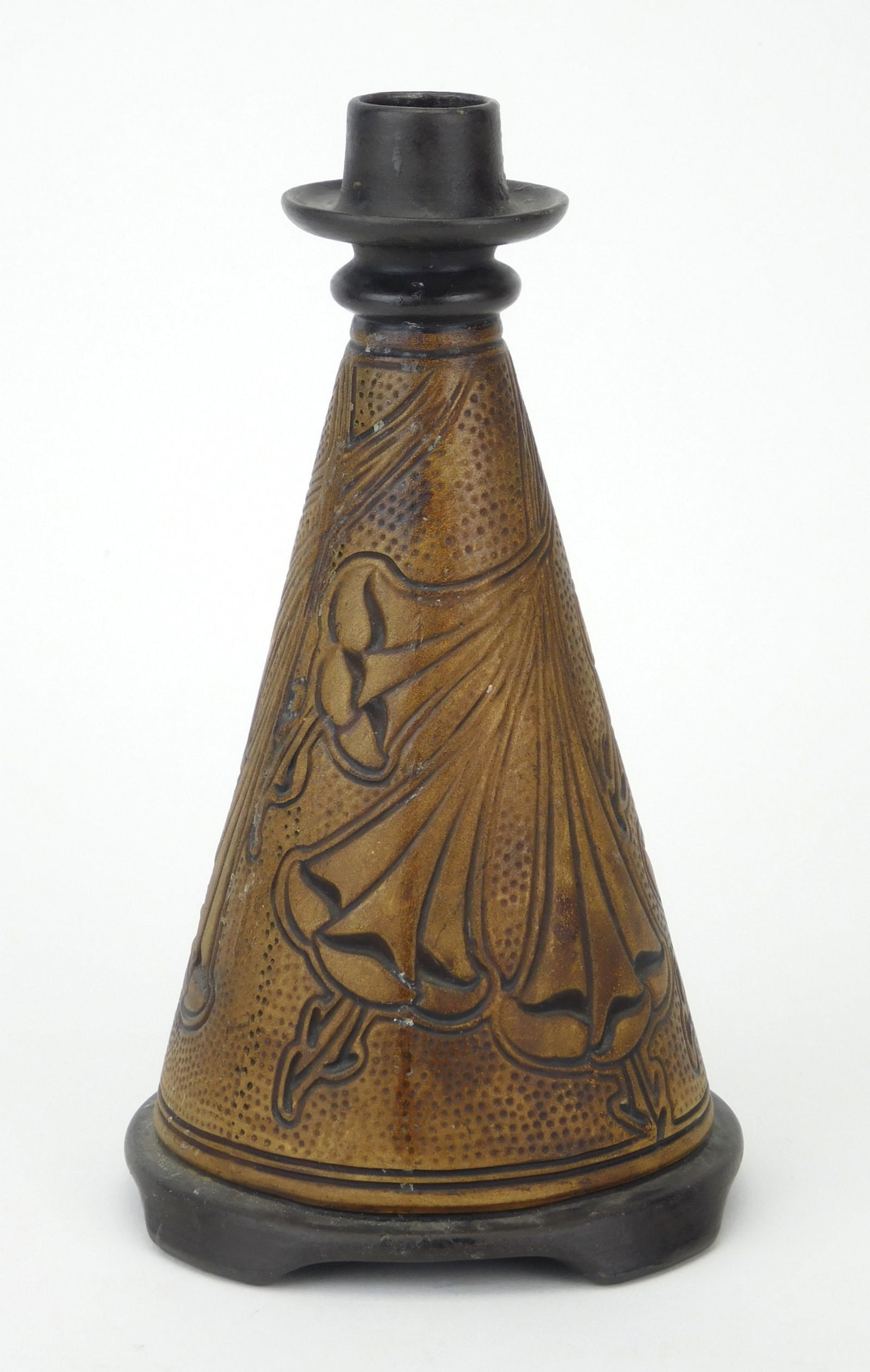 Weller pottery candlestick: claywood flower design 8"h Provenance: Private collection- Lakewood, OH